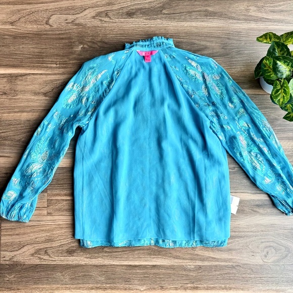 Lilly Pulitzer Galiana Ocean Breeze Multi Flora Metallic Clip Silk Blouse Size S - Picture 10 of 14